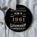 Badge Rond 15,2 Cm Personalized 60th Birthday Born 1961 Vintage Black<br><div class="desc">A personalized huge button / pin badge for that birthday person born in 1961 and turning 60. Add the name to this vintage retro style black, white and gold design for a custom 60th birthday gift. Easily edit the name and year with the template provided. A wonderful custom black birthday...</div>