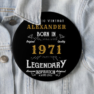 Badge Rond 15,2 Cm Personnalisé 50e anniversaire Né 1971 Noir Vintage