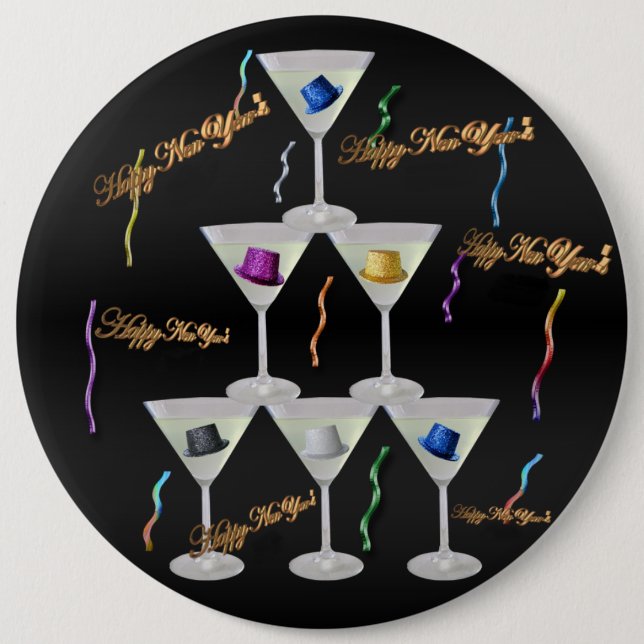 Badge Rond 15,2 Cm Pin de Nouvel An au Champagne empilé (Devant)