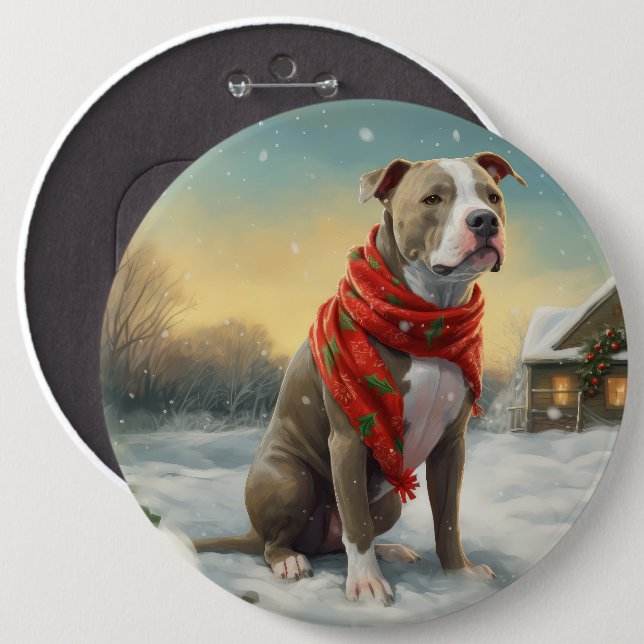 Badge Rond 15,2 Cm Pitbull Chien dans Noël de neige (Devant & derrière)