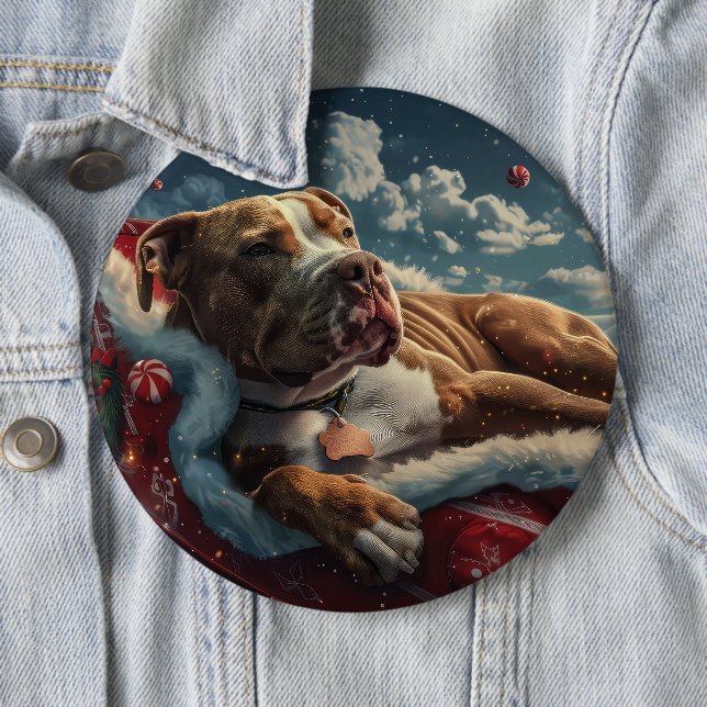 Badge Rond 15,2 Cm Pitbull Chien Festif de Noël (En situation)
