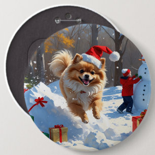 Badge Rond 15,2 Cm Pomeranian courant dans la neige avec un chapeau d