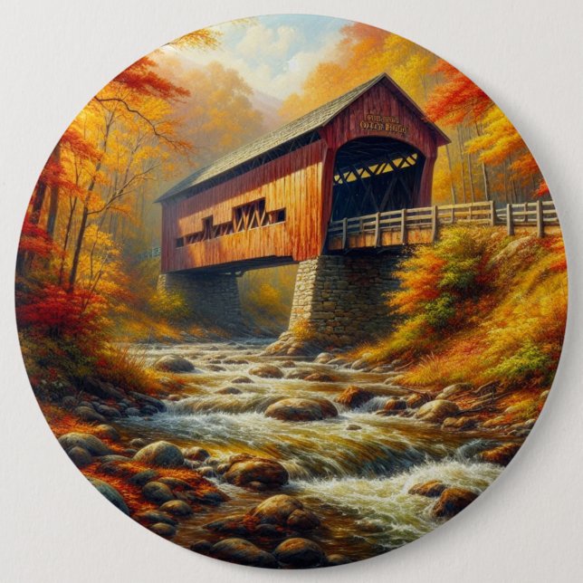 Badge Rond 15,2 Cm pont couvert d'automne classique (Devant)