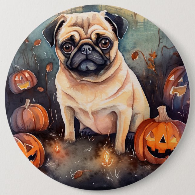 Badge Rond 15,2 Cm Pug d'Halloween avec citrouilles effrayant (Devant)
