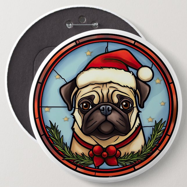 Badge Rond 15,2 Cm Pug Vitrail de Noël (Devant & derrière)