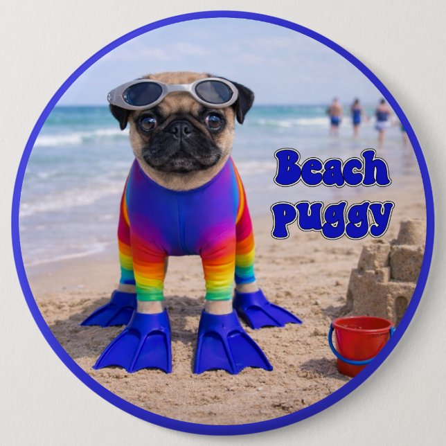 Badge Rond 15,2 Cm Puggy de la plage (Devant)