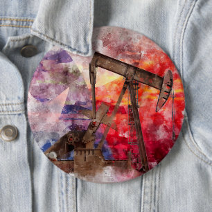 Badge Rond 15,2 Cm Pumpjack Texan icône aquarelle avec Texas Flag
