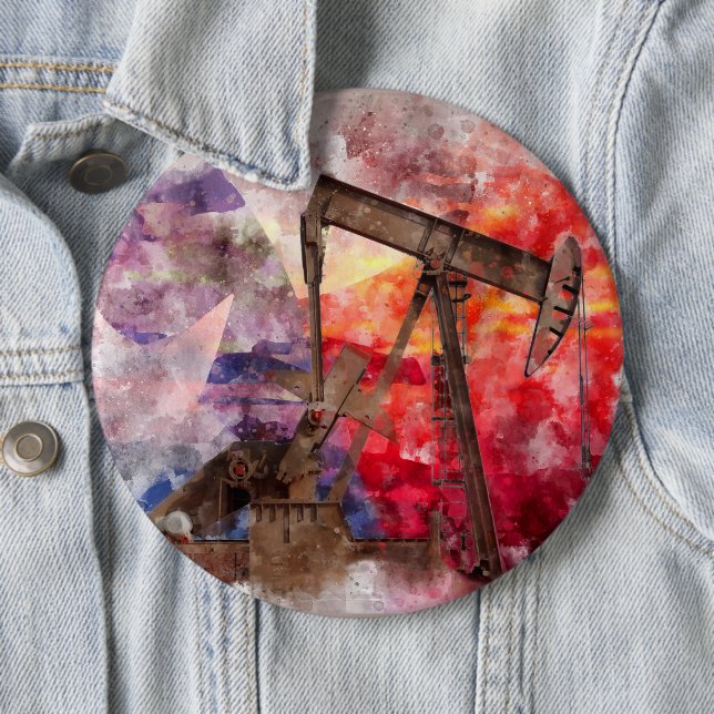 Badge Rond 15,2 Cm Pumpjack Texan icône aquarelle avec Texas Flag (En situation)