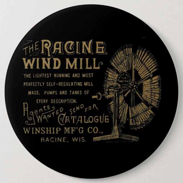Badge Rond 15,2 Cm Racine Wind Mill Racine Wisconsin 1889 (Devant)