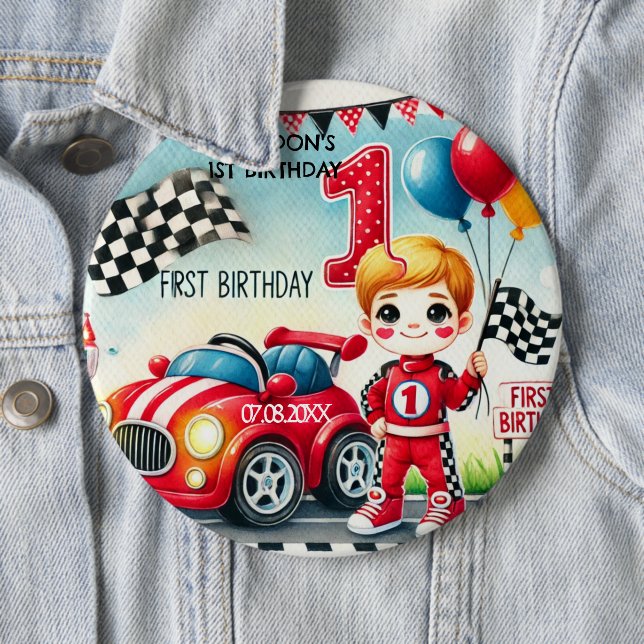 Badge Rond 15,2 Cm Racing Car Boy 1er anniversaire (En situation)