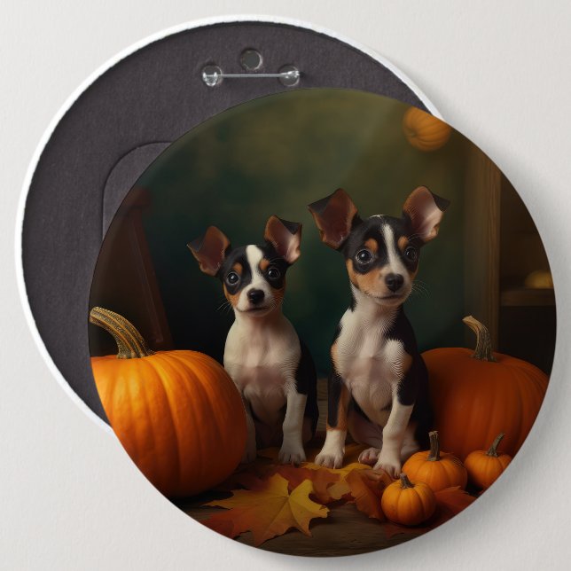 Badge Rond 15,2 Cm Rat Terrier Chiot Automne Citrouille délice (Devant & derrière)