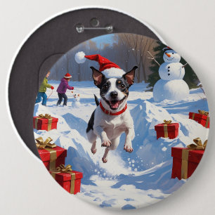 Badge Rond 15,2 Cm Rat Terrier courant dans la neige avec un chapeau