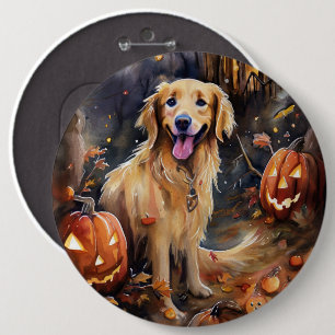 Badge Rond 15,2 Cm Retriever doré Halloween avec citrouilles effrayan