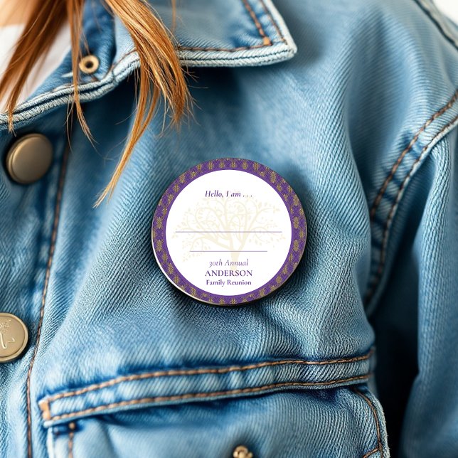 Badge Rond 15,2 Cm Réunion de famille violet or élégant Bonjour (Créateur téléchargé)