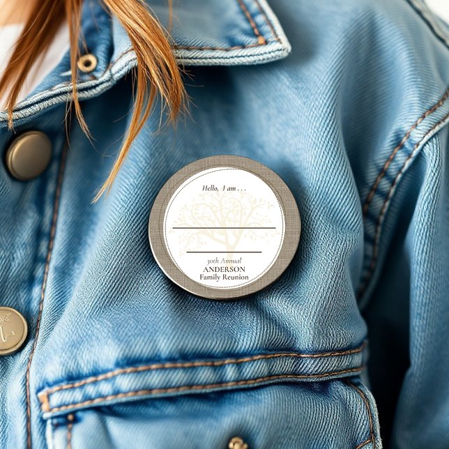 Badge Rond 15,2 Cm Réunion familiale Brown Burlap Bonjour (Créateur téléchargé)