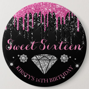 Badge Rond 15,2 Cm Rose et Noir Paillettes Coulée Douze Ans