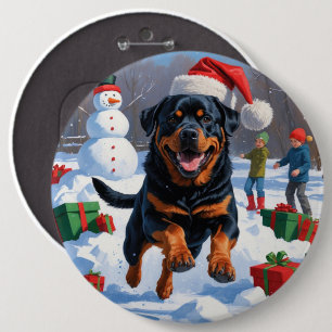 Badge Rond 15,2 Cm Rottweiler courant dans la neige avec un chapeau d