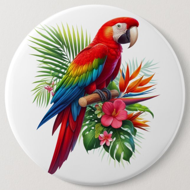 Badge Rond 15,2 Cm Rouge macaw tropical floral (Devant)