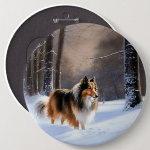 Badge Rond 15,2 Cm Rough Collie Laisser Neige Noël