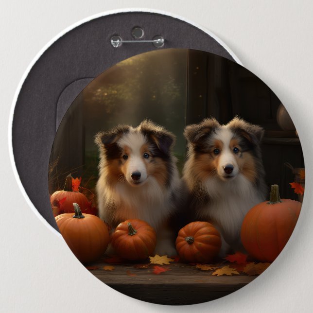 Badge Rond 15,2 Cm Rough Collie Puppy Automne Citrouille de plaisir (Devant & derrière)