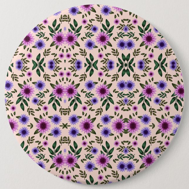 Badge Rond 15,2 Cm Round floral pattern with purple, pink, and blue  (Devant)