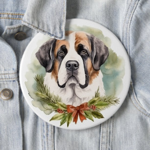 Badge Rond 15,2 Cm Saint Bernard Christmas Wreath Festive Pup