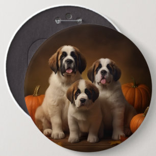Badge Rond 15,2 Cm Saint Bernard Puppy Automne Citrouille