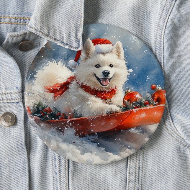Badge Rond 15,2 Cm Samoyé Chien dans la boue Laisser il neige Noël (En situation)