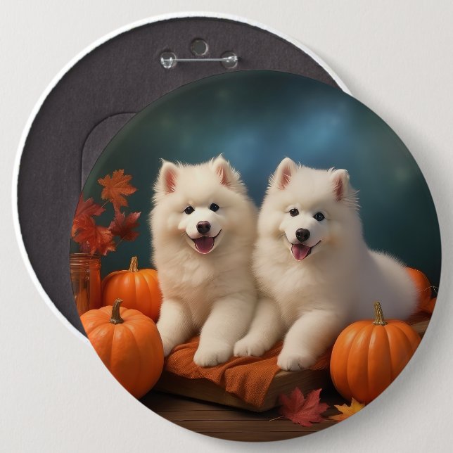 Badge Rond 15,2 Cm Samoyed Chiot Automne Citrouille de plaisir (Devant & derrière)