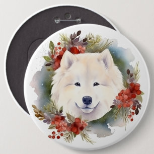 Badge Rond 15,2 Cm Samoyed Christmas Wreath Festive Pup