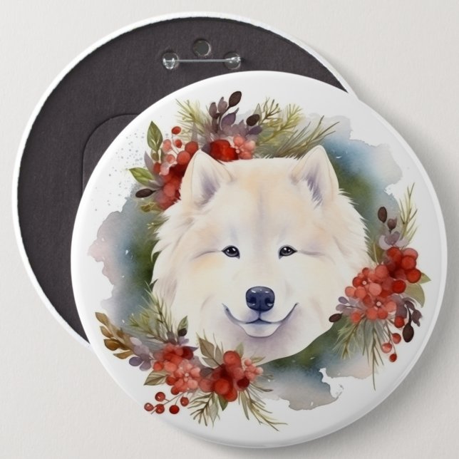 Badge Rond 15,2 Cm Samoyed Christmas Wreath Festive Pup (Devant & derrière)