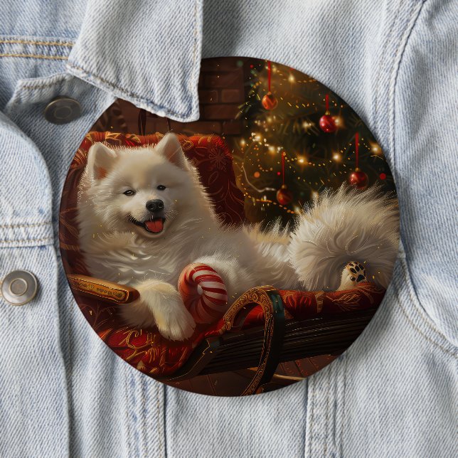 Badge Rond 15,2 Cm Samoyède Chien Fête de Noël (En situation)