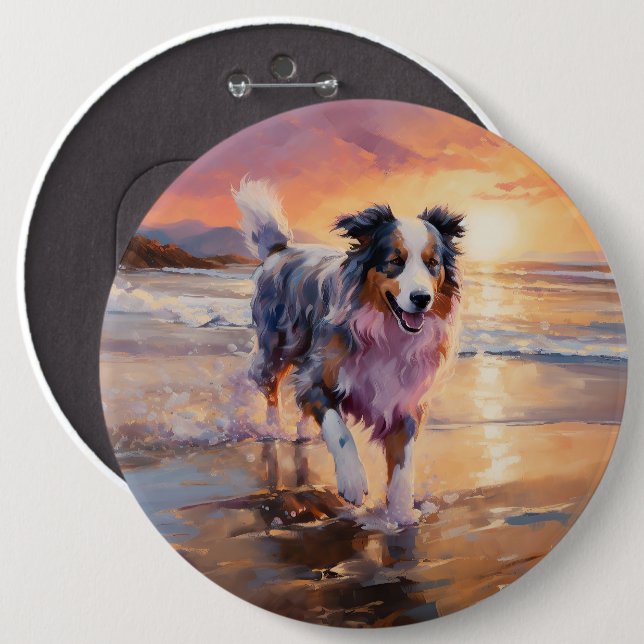 Badge Rond 15,2 Cm Sandy Australian Shepherd Dog on Beach Sunset (Devant & derrière)