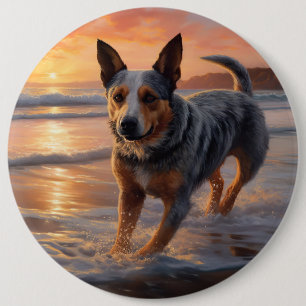 Badge Rond 15,2 Cm Sandy Paws Australian Cattle Dog on Beach Sunset