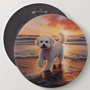 Badge Rond 15,2 Cm Sandy Paws Bichon Frise Dog sur Beach Sunset