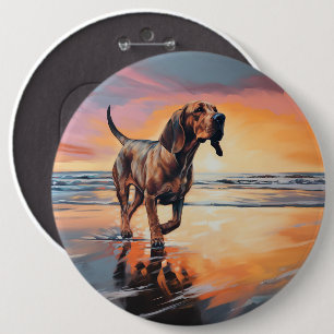 Badge Rond 15,2 Cm Sandy Paws Bloodhound Dog on Beach Sunset