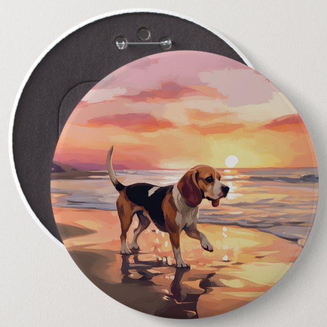 Badge Rond 15,2 Cm Sandy Paws Chien Beagle sur le coucher du soleil d (Devant & derrière)