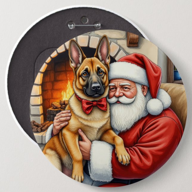 Badge Rond 15,2 Cm Santa Claus Holding Belgian Malinois Christmas Art (Devant & derrière)