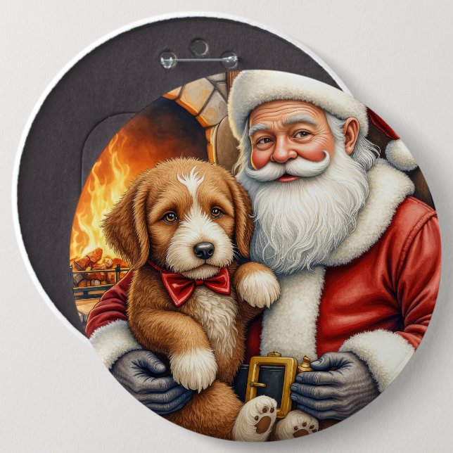 Badge Rond 15,2 Cm Santa Claus Holding Bernedoodle Christmas Art (Devant & derrière)
