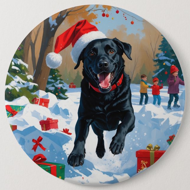 Badge Rond 15,2 Cm Scène de neige festive de Noël avec Labrador noir (Devant)