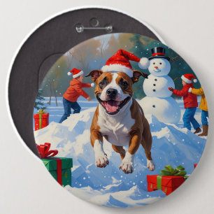 Badge Rond 15,2 Cm Scène de neige festive de Noël avec un Bull Terrie
