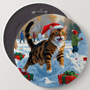 Badge Rond 15,2 Cm Scène de neige festive de Noël avec un chat Bengal