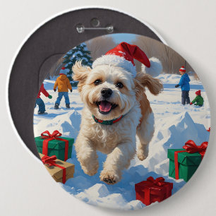 Badge Rond 15,2 Cm Scène de neige festive de Noël Bichon Frise