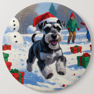 Badge Rond 15,2 Cm Schnauzer courant dans la neige avec un chapeau de