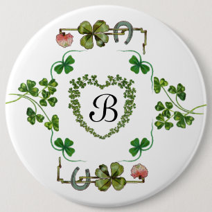 Badge Rond 15,2 Cm SHAMROCK HEART,FLOWERS,GREEN FLORAL MONOGRAM White
