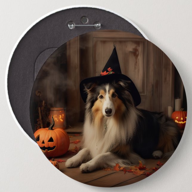 Badge Rond 15,2 Cm Shetland Sheepdog Citrouille Halloween effrayant (Devant & derrière)
