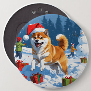 Badge Rond 15,2 Cm Shiba Inu courant dans la neige avec un chapeau de