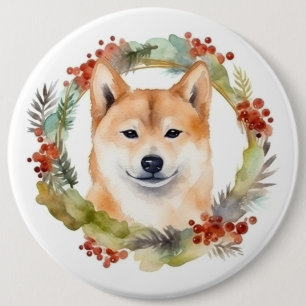 Badge Rond 15,2 Cm Shiba Inu Festive de la couronne de Noël Coupe