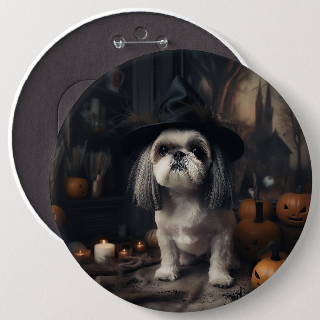 Badge Rond 15,2 Cm Shih Tzu Citrouilles Halloween effrayant (Devant & derrière)