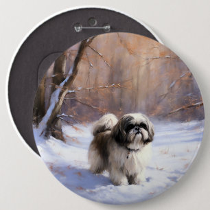 Badge Rond 15,2 Cm Shih Tzu Laisse Neige Noël